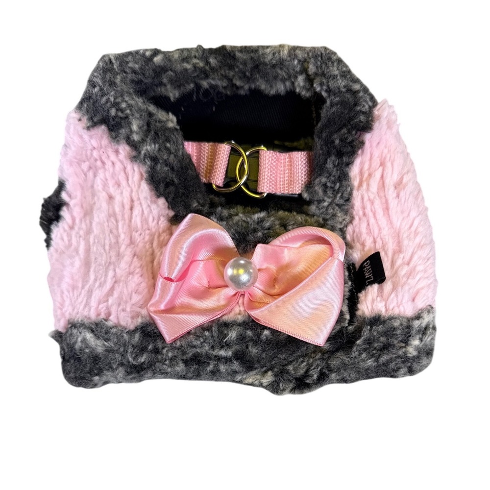 Pawz Dog Harness Vest Pink Grey Faux Fur Bow Pearl Small Made in Canada